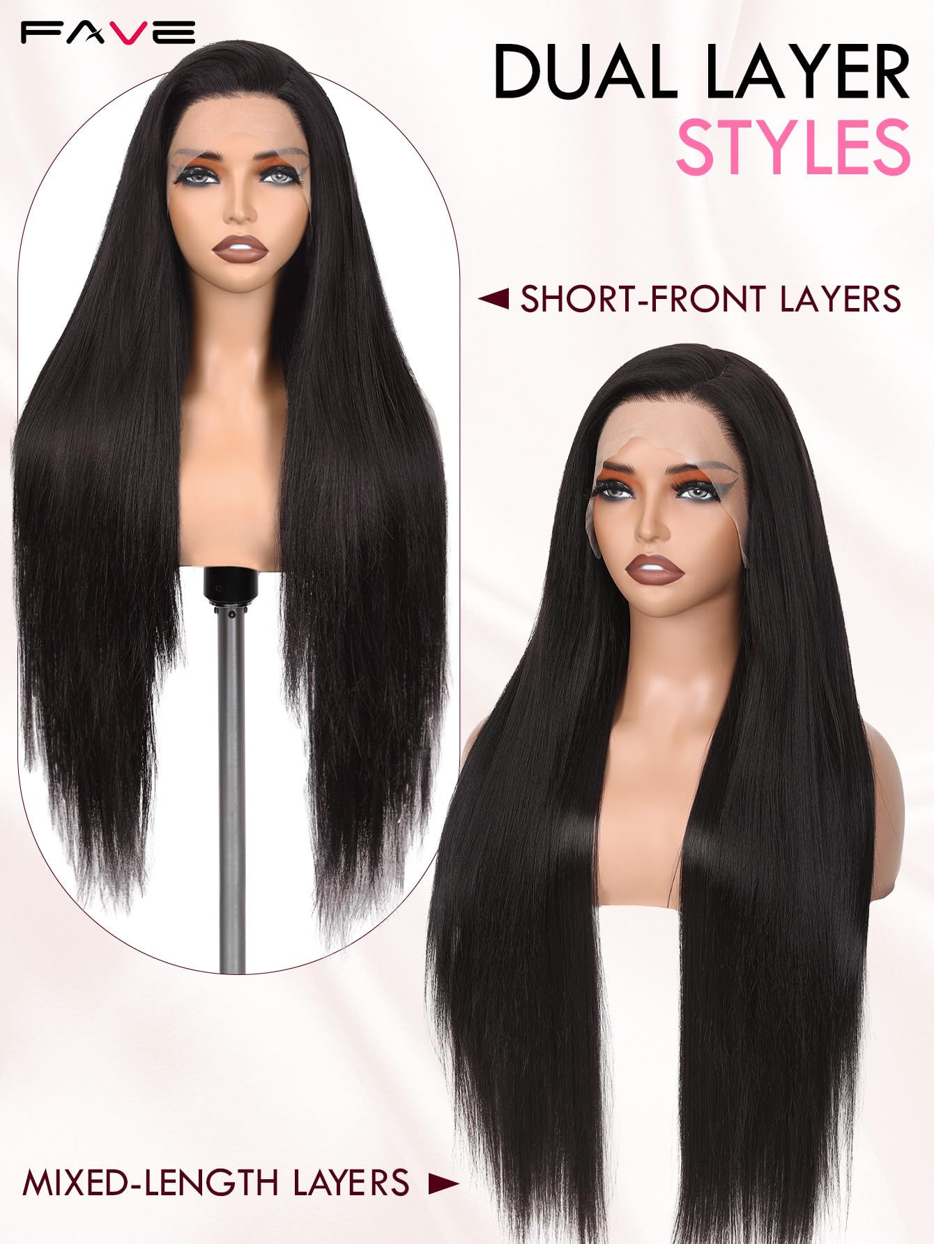 FAVE 13x4 Lace Front Wigs 30” Long Straight Synthetic Wig Pre-Plucked Glueless Brunette Wig for Daily Use Chocolate Brown Wig Beginner Friendly