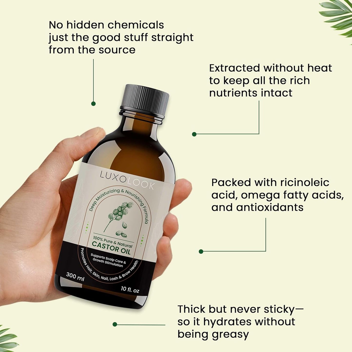 Pure Castor Oil - Cold Pressed 100% Natural Oil for Hair Growth, Skin & Nails | 10oz with Dual Mascara & Dropper
