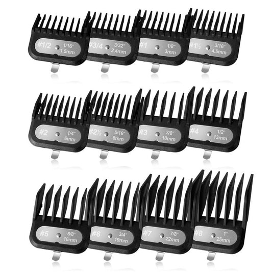 Clipper Guards Set Compatible with Most Wahl Clippers, -1/16" to 1", 12 Piece Set, Black Color, New Version