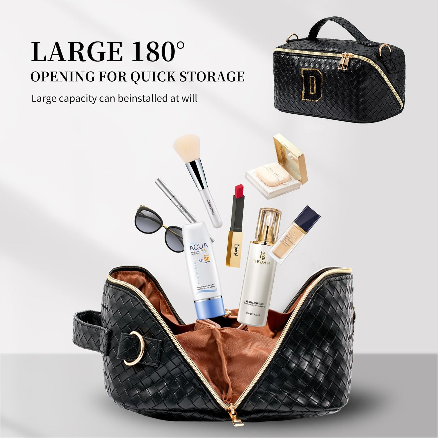 Yulaviniee Initial Makeup Bag,Large Capacity Travel Cosmetic Bag with Shoulder Strap,Portable Leather Open Flat Make Up Organizer Bag,Makeup Toiletry Bag with Handle and Compartments