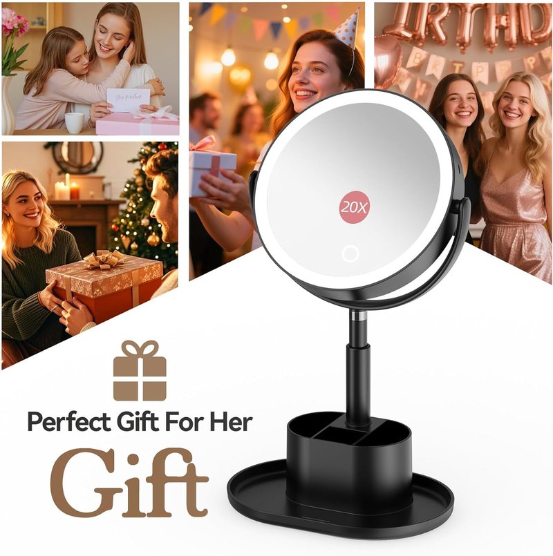 Shinowa Makeup Mirror - 1X/20X Lighted Magnifying Vanity Mirror with Storage & 3 Color Lights | Adjustable Height, 360° Rotation, Rechargeable, Black