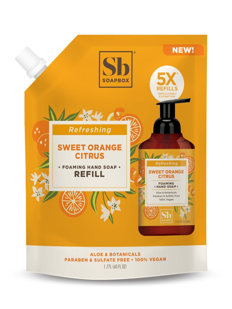 Soapbox Sweet Orange Citrus Foaming Hand Soap Refill, Moisturizing & Refreshing Hand Wash - Foaming Cleanser for Hands, Clean Ingredients Free of Harsh Chemicals, Sulfates, Parabens & Silicones, 64 oz
