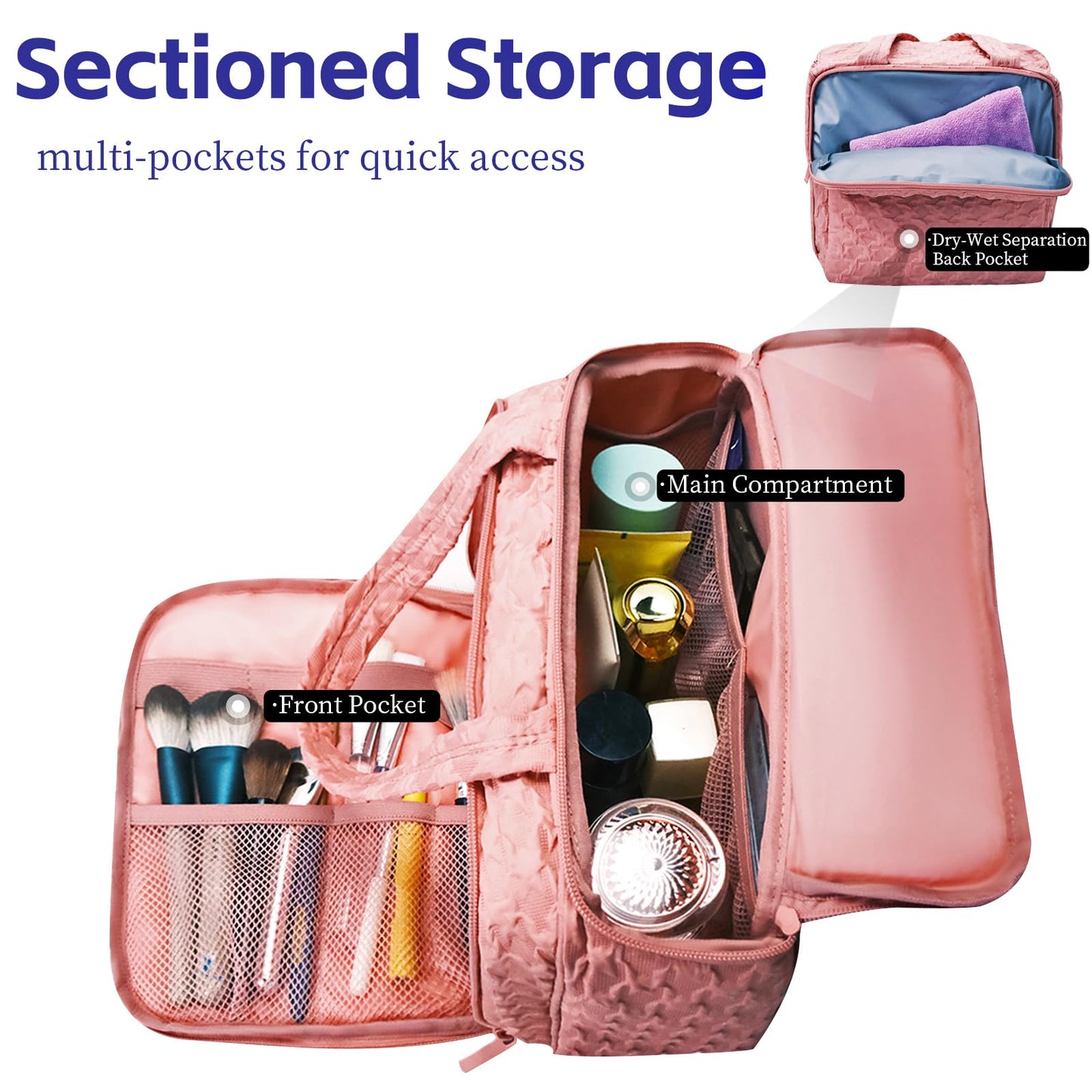 SMONT Toiletry Bag for Traveling Women, 11.5" Large Travel Makeup Toiletries Skincare Bag, Big Cosmetic Cosmetiquera Pink