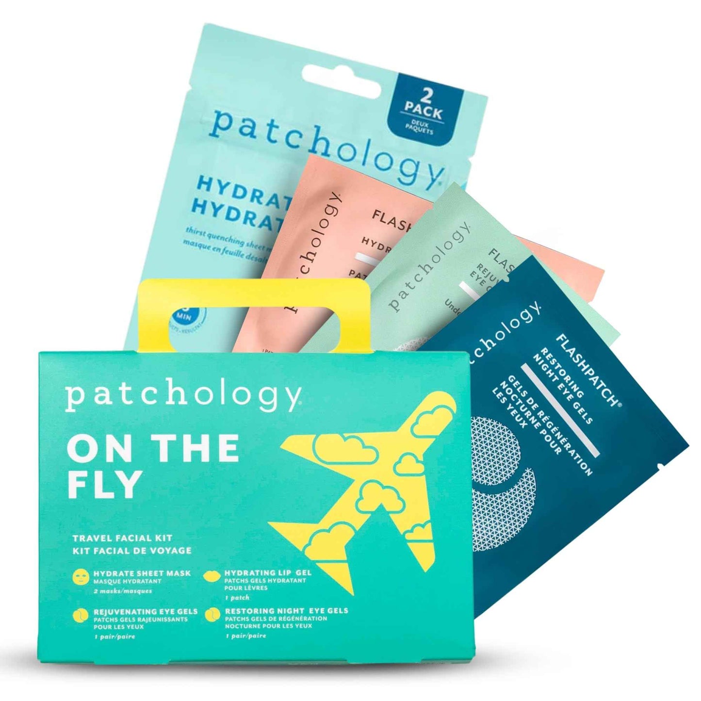 Patchology On The Fly Travel Facial Kit – Travel-Friendly Hydrating Skincare Essentials for Face, Eyes and Lips – Includes 2 Pair Under Eye Patches, 2 Hydrate Sheet Mask for Refreshed Skin,1 Lip Mask