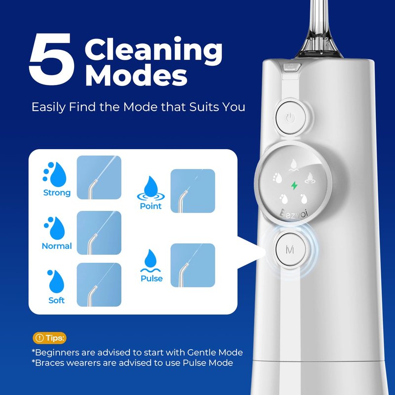 Water Flosser Teeth Pick: LED Display 5 Modes Cordless Dental Pick with 300ML Tank for Braces,Gums Care, IPX7 Waterpoof, 6 Jet Tips Water Flossing Cleaning Picks, Portable for Travel, Home, Y215 White