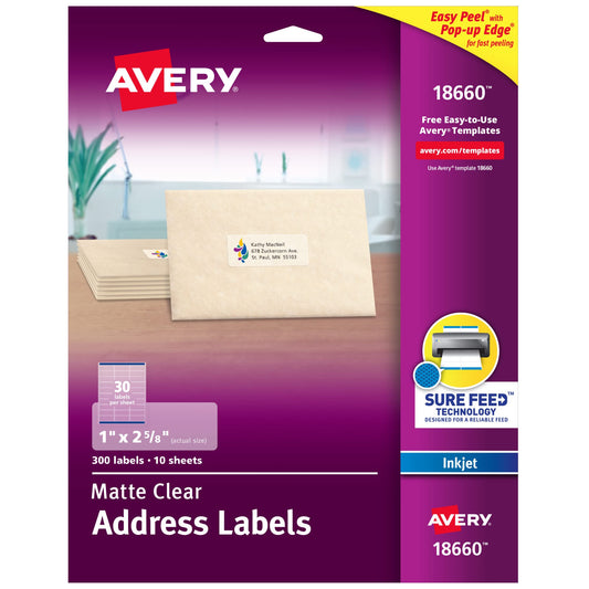 Avery Printable Address Labels with Sure Feed, 1" x 2-5/8", Matte Clear, 300 Blank Mailing Labels (18660)
