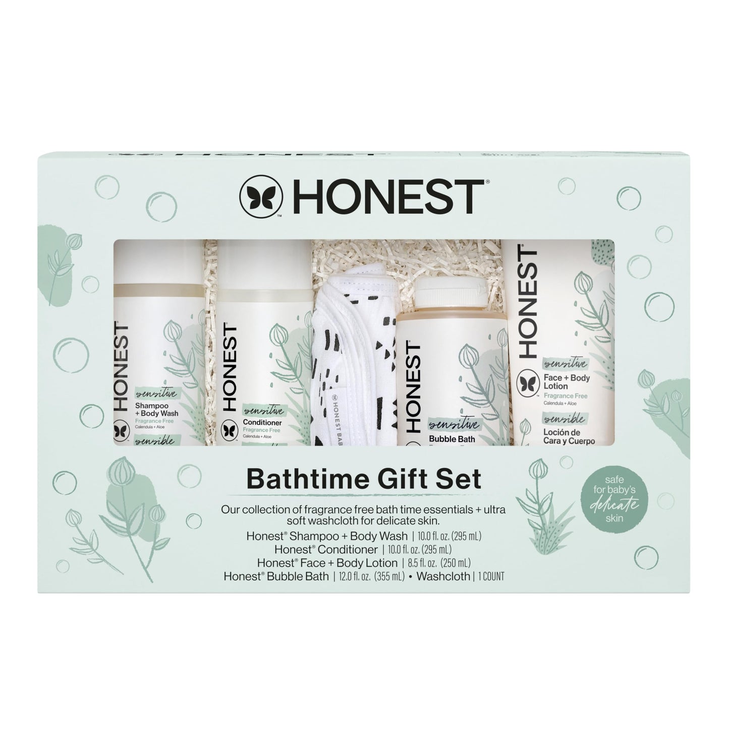 The Honest Company Fragrance-Free Bathtime Gift Set, Hypoallergenic, Bath Essentials for Sensitive Skin, Shampoo and Body Wash, Face Lotion, Bubble Bath, Conditioner, Wash Cloth
