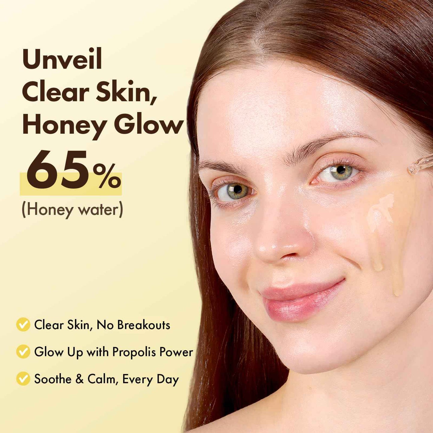 TOSOWOONG Honey Glow 65% Propolis Serum, Hyaluronic Acid, Kojic Acid, Niacinamide, Hydrating Facial Soothing Moisturizer for Irritated Uneven Skin Tone, Glass Skin, Korean Skin Care, 33ml, 1.11 fl.oz.