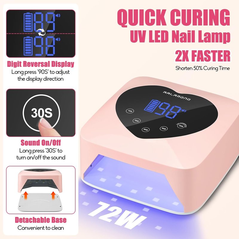 UV LED Nail Lamp - 72W Cordless Rechargeable Nail Dryer with 5 Timers & Auto Sensor | Professional Gel Curing Light (Pink)