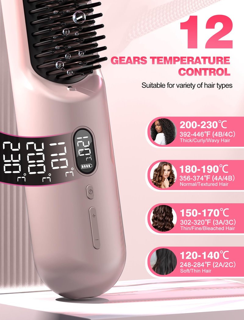 Portable Cordless Hair Straightener Brush for Travel,Mini Hair Straightener Comb with Negative Ion,Hair Straightener Brush Hot Comb for Women, Rechargeable 9600mAh Battery,12 Temp-Setting,Pink
