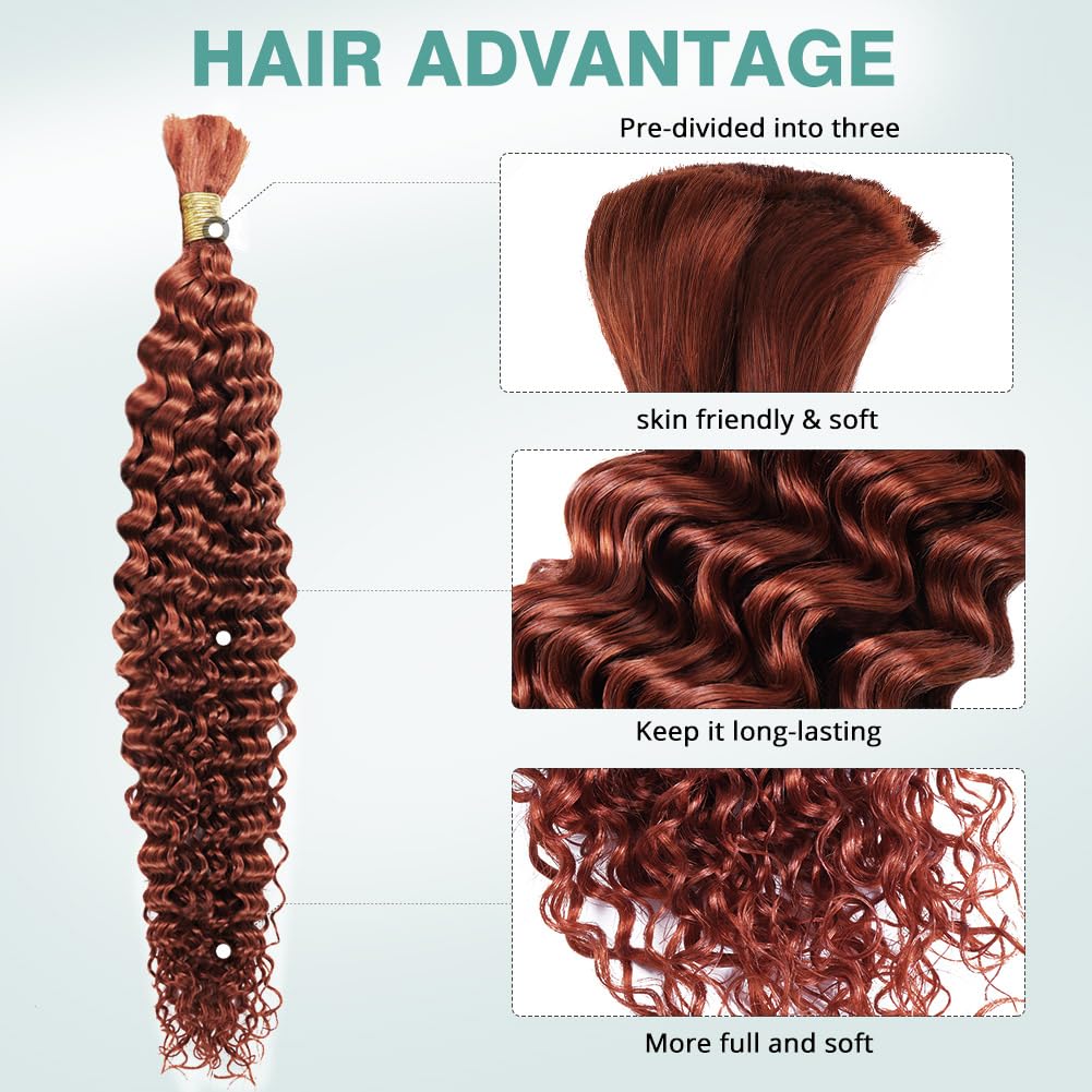 Deep Wave Bulk Human Braiding Hair 50g 20 Inch Color 350 Human Braiding Hair for Boho Braids 1 Bundle/Pack No Weft 100 Percent Brazilian Human Braiding Hair Extensions for Micro Braiding