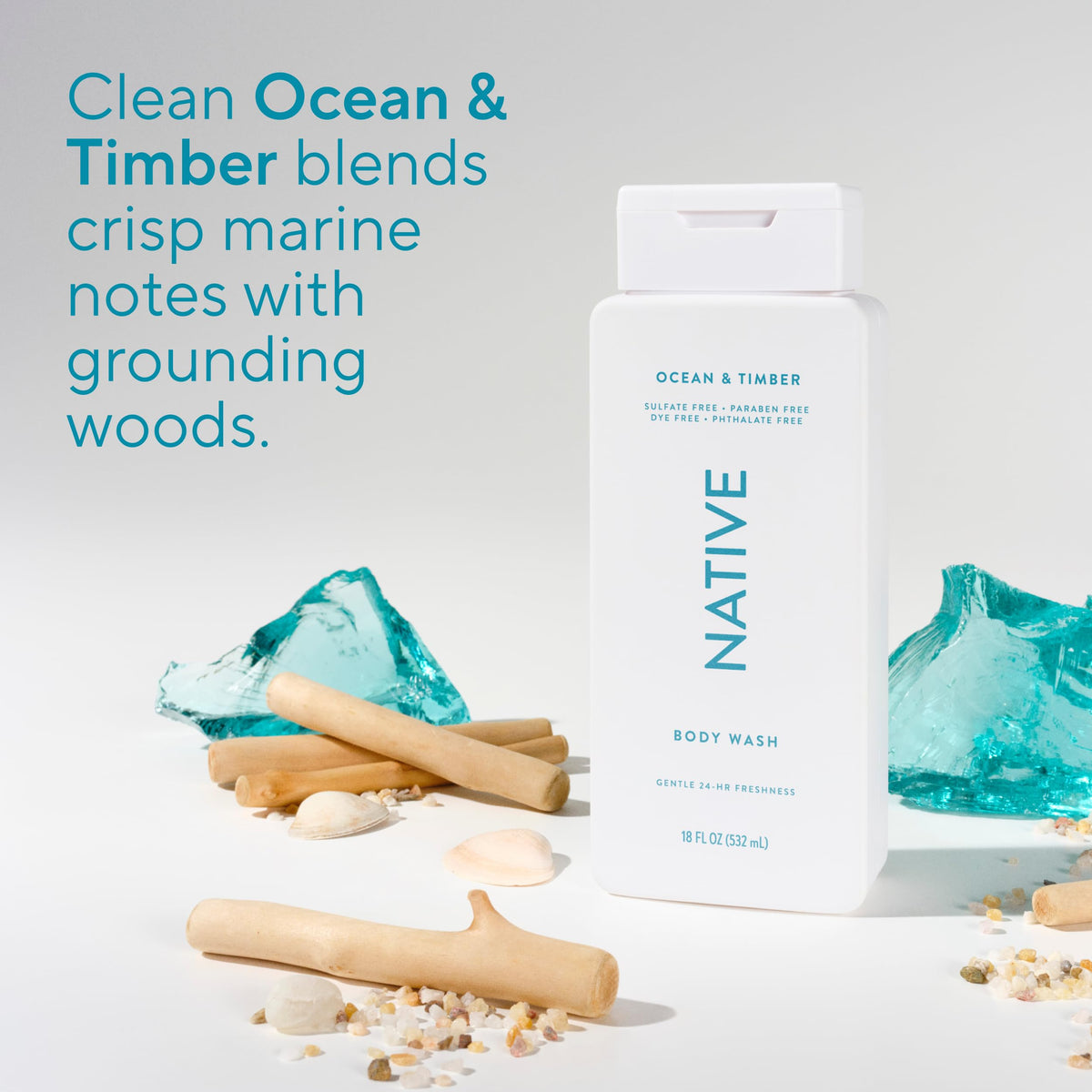 Native Body Wash Contains Naturally Derived Ingredients | For Women & Men, Sulfate, Paraben, & Dye Free Leaving Skin Soft and Hydrating | Ocean & Timber 18 oz - 2 Pk