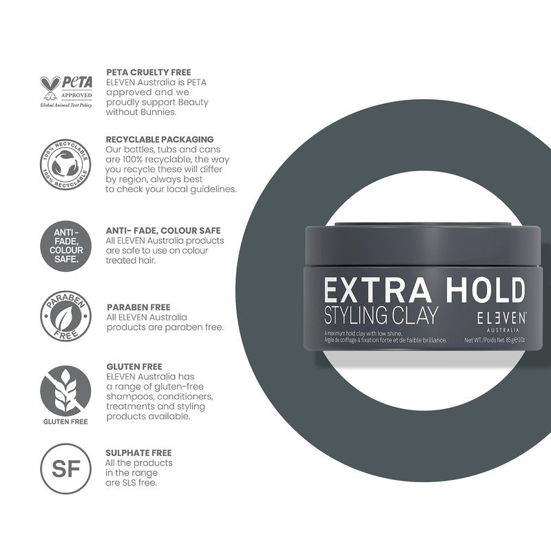 ELEVEN AUSTRALIA Extra Hold Styling Hair Clay for Men and Women - Maximum Hold, Matte Finish for Texture, Long-Lasting Definition, Ideal for Short to Medium Hair - 3 oz