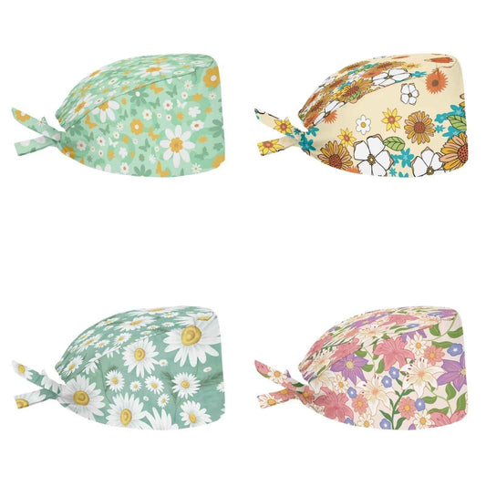 Yuuxorilu Colorful Flower Bouffant Scrub Caps for Women Hippie Daisy Floral Adjustable Working Hat with Sweatband for Hair Cover Turban Hat Beanie 4 Pack