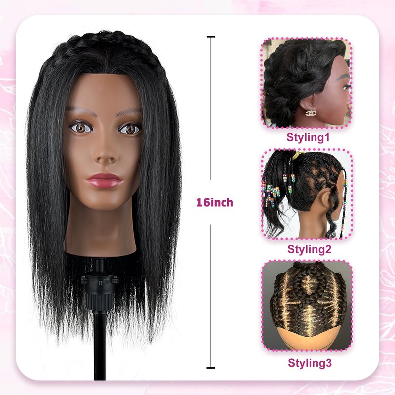 Mannequin Head Human Hair with 100% Real Hair Cosmetology Manikin Doll Head for Hair Styling 18" Mannequin Head for Braiding with Tripod Stand and Tools (Natural Black)