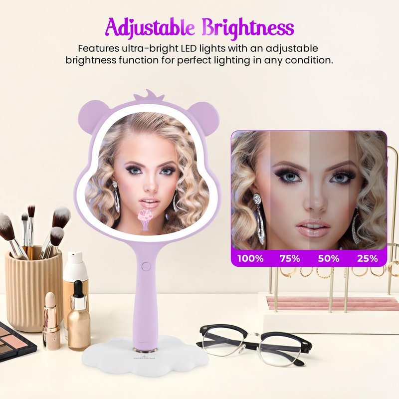 Impressions Vanity Care Bears Share Bear LED Handheld Makeup Mirror for Desk, Lighted Travel Makeup Mirror with Detachable Standing Base, Ultra Bright Adjustable Lighting and Figural Shaped (Purple)