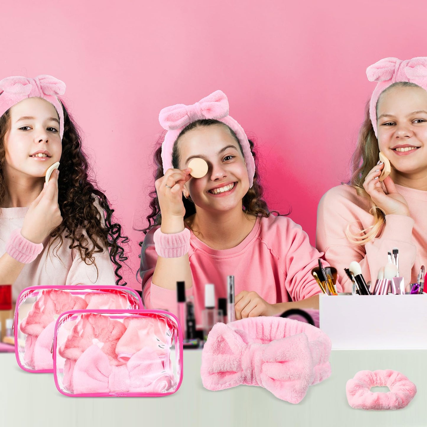 Hoteam 30 Pcs Sleepover Party Supplies for Women Slumber Spa Party Supplies 6 Pink Spa Headband 6 Pink Plush Sleep Eye Mask 6 Velvet Scrunchies 6 Wristband 6 Clear Cosmetic Bags