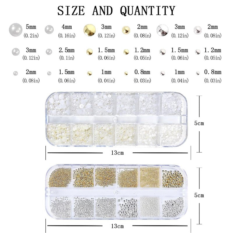 ITPOYOL Nail Art Pearls Flatback Pearls Nail Charms Metal Silver Gold Beads Luxurious Design Half Round White Beige Gems Jewelry Accessories for Women Manicure Decorations Supplies