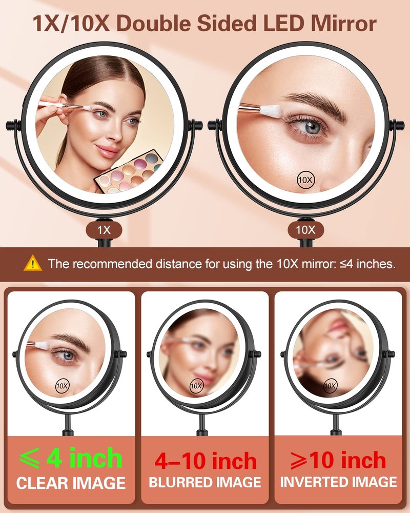 Benbilry 7" Lighted Makeup Mirror with 10X Magnification & 3 Color Lights, Adjustable Brightness & Height, 360° Swivel Rechargeable LED Magnifying Make Up Vanity Mirror with Lighting (Black)