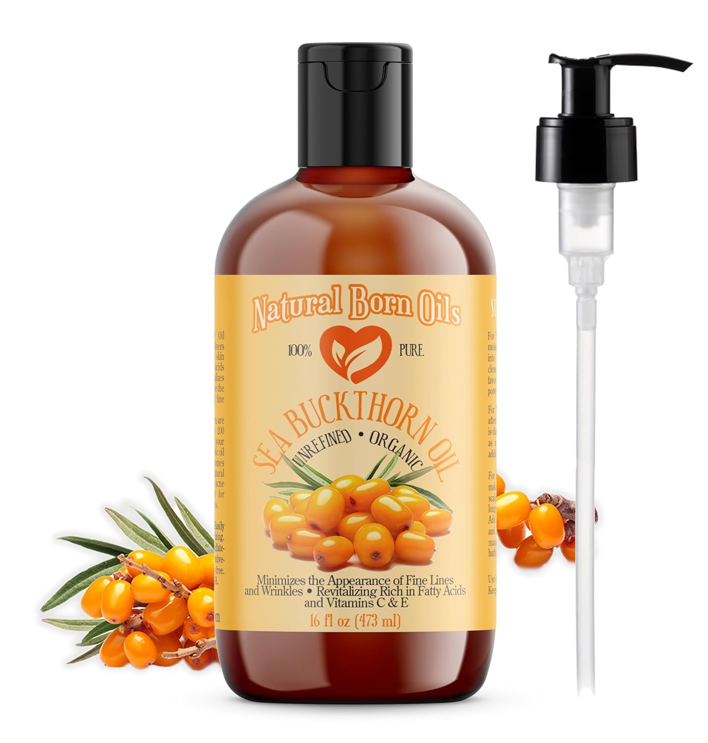 Sea Buckthorn Oil 16oz - 100% Pure Organic Cold-Pressed Oil | Revitalizing with Pump & Dropper