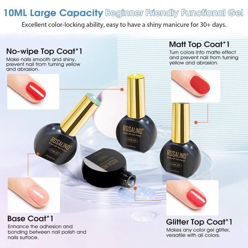 ROSALIND 30PCS Gel Nail Polish Set with Base Glossy Matte and Glitter Top Coat Gel Polish, Pink Green Hot Pink Gel Nail Set Soak Off Gel Polish Set