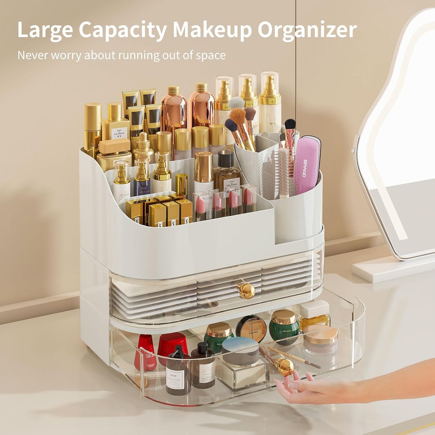 Makeup Organizer for Vanity - Large Rotating Cosmetic Organizer with Drawers | White Countertop Storage for Skincare, Perfume, Lipsticks, Nail Polish