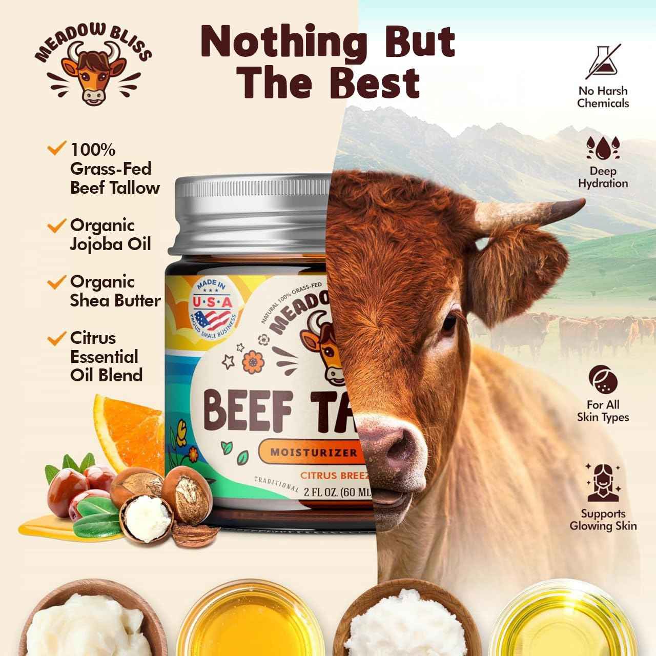 Beef Tallow for Skin - Moisturizer Cream - 100% Grass Fed - Whipped Beef Tallow - Organic Jojoba Oil - Organic Shea Butter - Supports Eczema, Rosacea+ - Made in USA - Citrus Breeze - 2 oz
