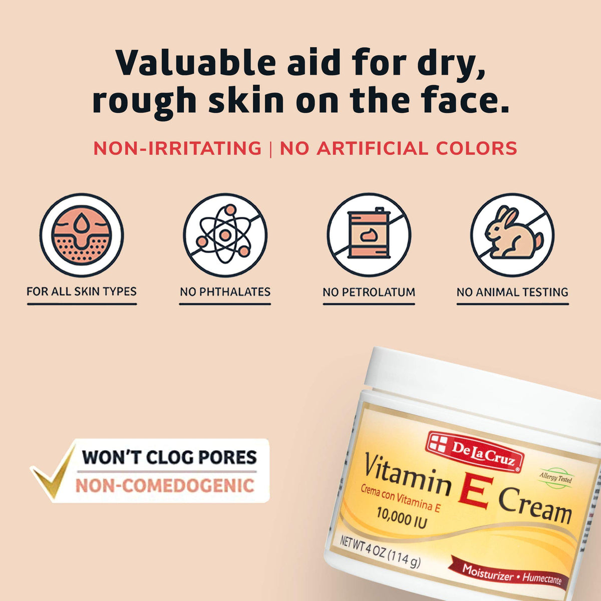 De La Cruz Vitamin E Cream Moisturizer for Face and Neck, 10,000 IU - Moisturizing Skin Care for All Skin Types - Made in USA - 4 OZ. (6 Pack)