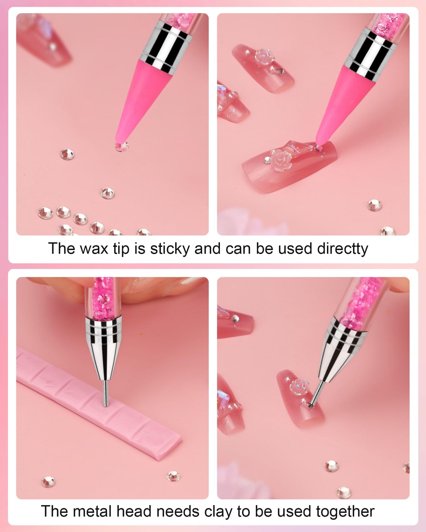 Rhinestone Picker Tool, Wax Pencil for Rhinestones Tool, Dual-ended Nail Bedazzling Tools With 4 Extra Pink Replaceable Wax Head and 1 Tweezer (Pink B)