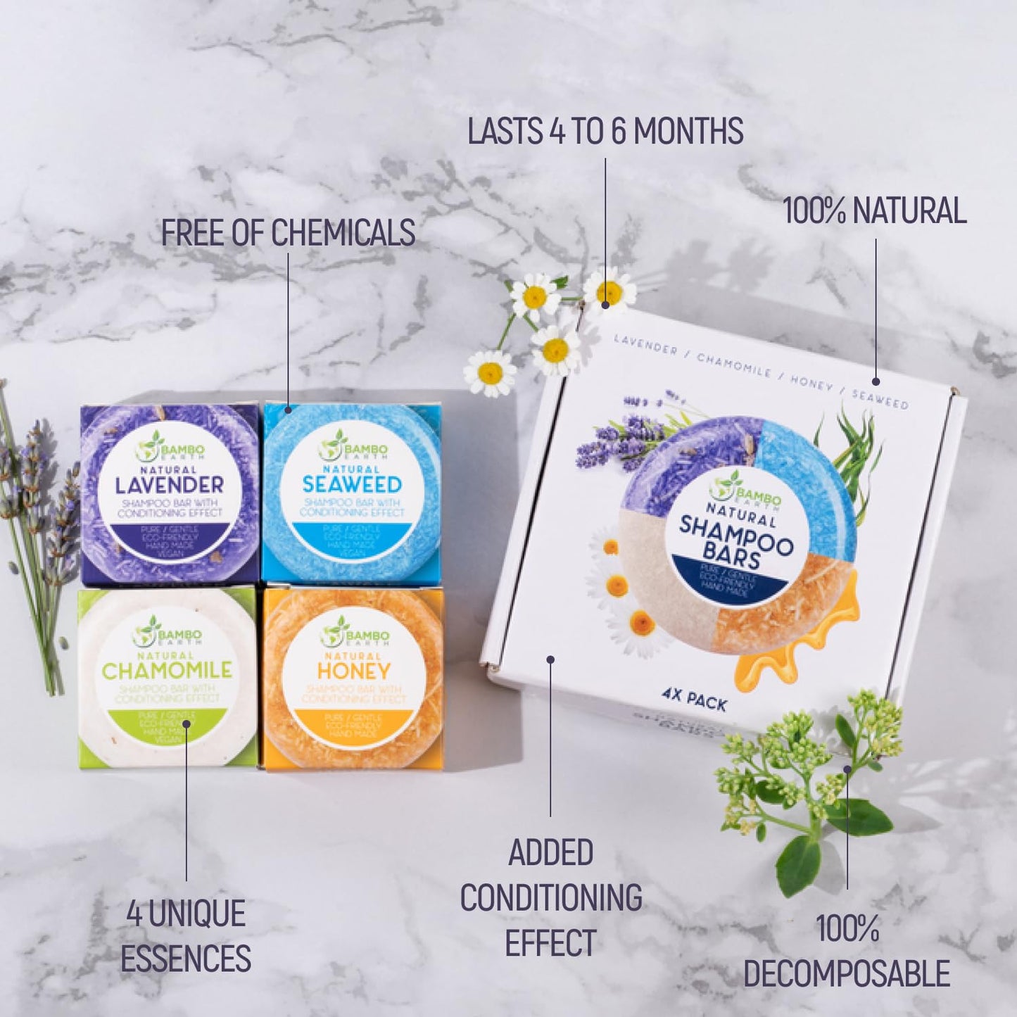 Organic Solid Shampoo Bar & Conditioner Set - 100% Natural Plant-Based Oils | Eco-Friendly 4 Pack