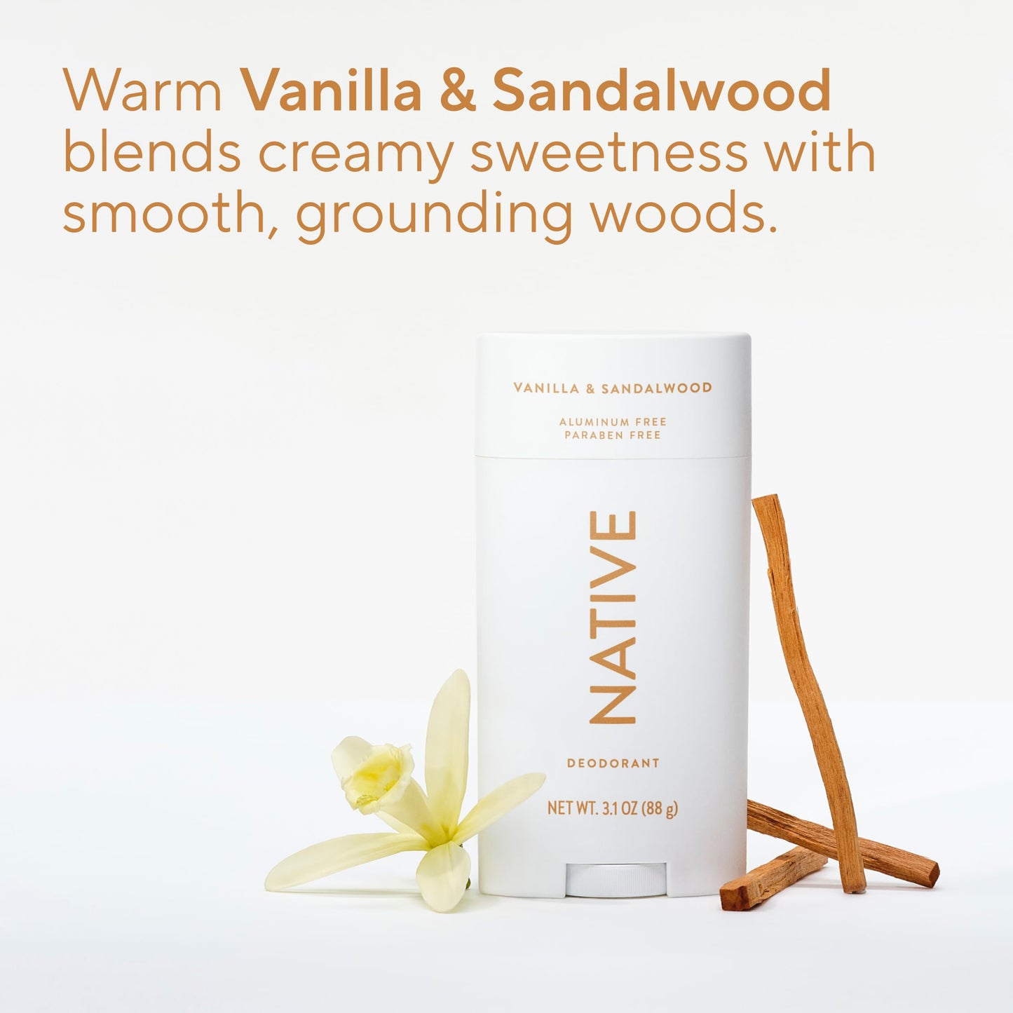 Native Aluminum Free Deodorant, Vanilla & Sandalwood, Large Size Stick, 72 Hour Odor Control, for Women & Men, Contains Naturally Derived Ingredients, 3.1 oz