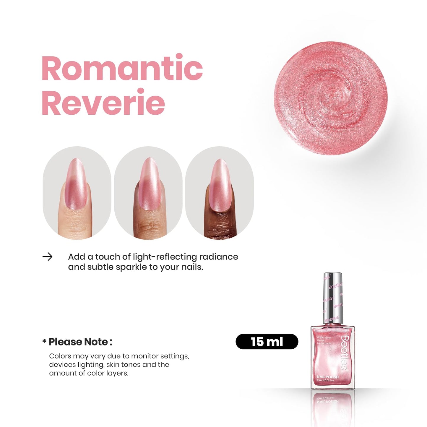 Beetles Pink Nail Polish - 15ML Quick Dry Nail Polish Romantic Reverie Pink Rose Pearl Nail Lacquer Shimmer Fingernail Polish Art Effect for Nail Salon-Quality