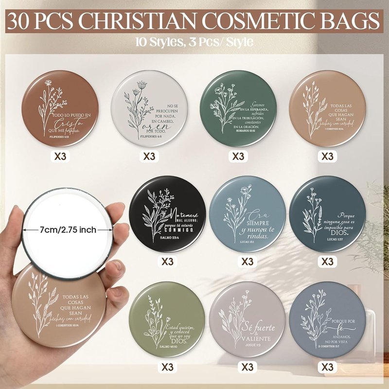 Spanish Christian Gifts for Women - 30 Sets Bible Verse Makeup Bags & Compact Mirrors | Boho Canvas Design