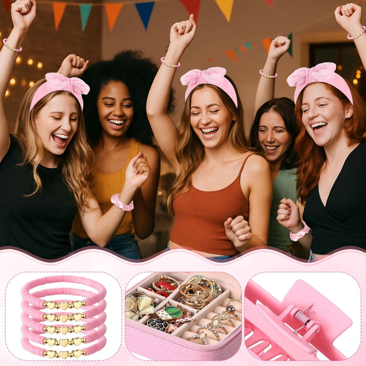 Liliaafar 36 Pcs Teen Girl Party Favors Preppy Gifts Sets Bulk 6 Friendship Bracelets 6 Bow Spa Headband 6 Scrunchies 6 Hair Clip 6 Jewelry Cases 6 Makeup Bags for Women Friend Preppy Gifts(Pink)