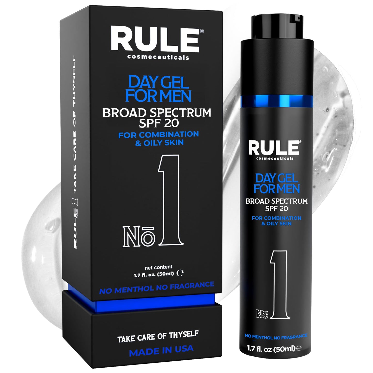 RULE COSMECEUTICALS No.1 Day Gel for Men, 10-in-1 Anti-Aging Face Moisturizer to Reduce Wrinkles, SPF 20, Collagen, Vitamins B, C & E - Combination & Oily Skin - No Menthol, No Fragrance, 50 mL