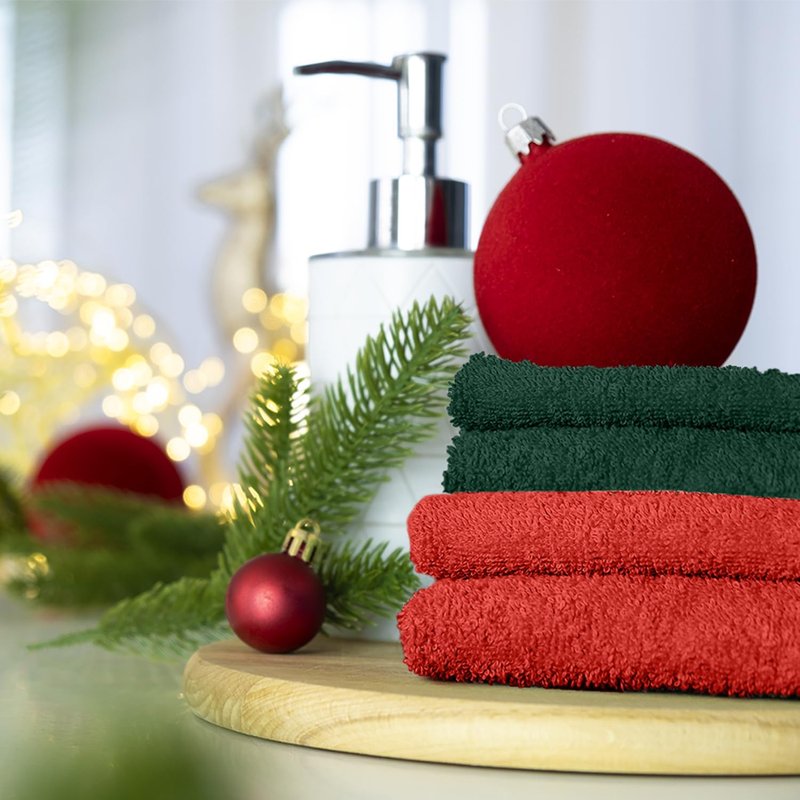 RIVERSIDE 24 Pack Christmas Washcloths Set - 100% Cotton [12x12 Inches] - Soft, Quick-Dry & Highly Absorbent Face Towels - Perfect for Bathroom, Gym, Hotel, Spa & Travel - Red Hunter Green