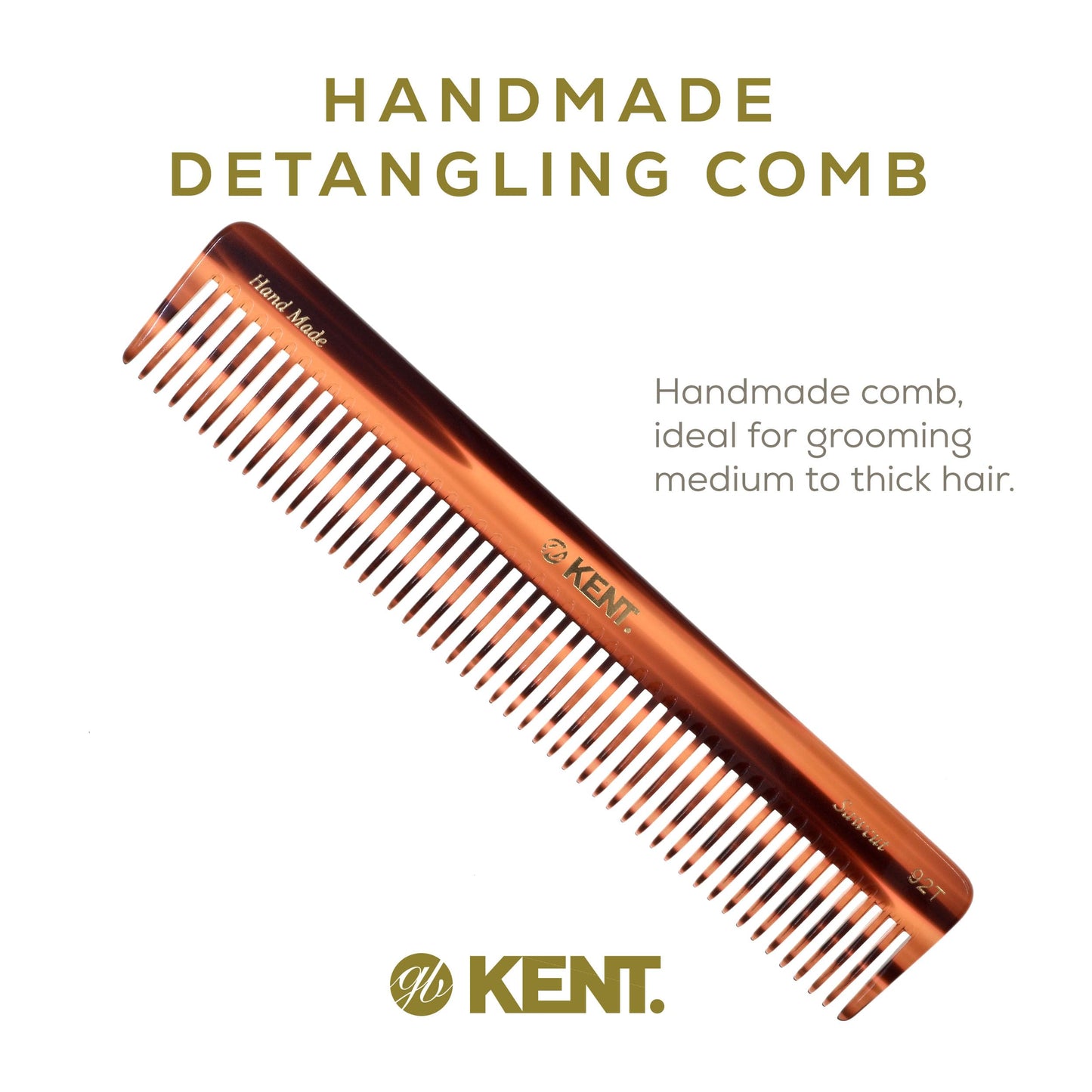 Kent 92T Tortoise Wide Tooth Detangler Combs for Men and Women, Hair Comb for Curly and Wavy Hair and Wet or Dry, Large Wide Tooth Dressing Comb, Handmade, Saw-Cut, Hand polished, Made in England