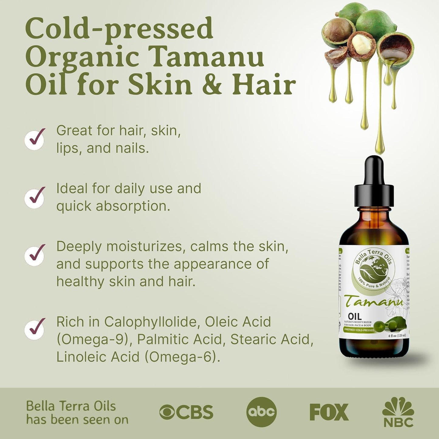 Bella Terra Oils - Natural Tamanu Oil 8 oz - Treasure Chest of Skin Nourishment, High in Vitamin E & Fatty Acids, Enhance Your Skin's Natural Glow