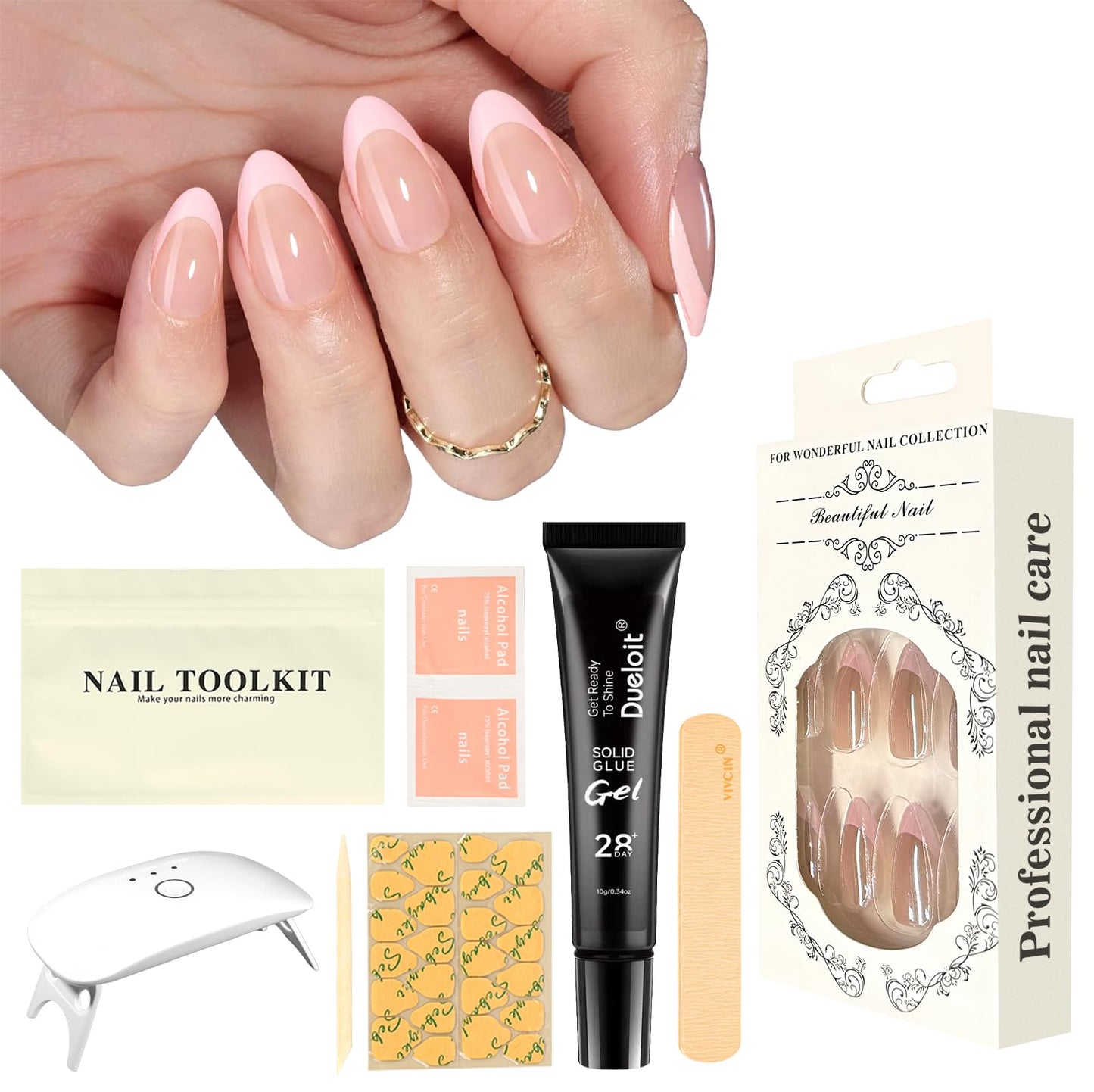 Press On Nails Kit with Nail Lamp, 24Pcs Pink French Tip Short Almond Gel Nails 16 Sizes, All-in-One DIY Kit with Glue Remover Top Coat Cuticle Oil Mini UV Lamp, 28+ Days Long Lasting, Gift for Women