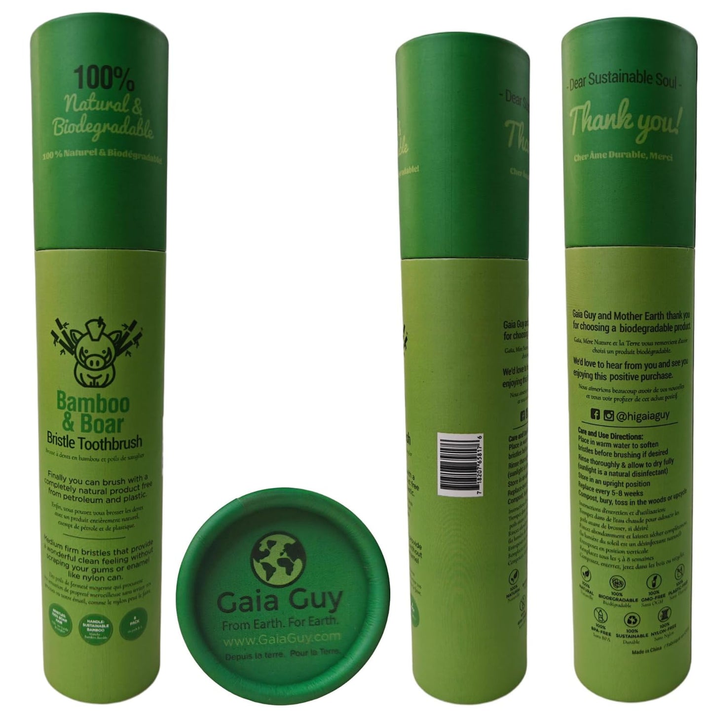 Gaia Guy Natural Bristle Bamboo Toothbrush (NO Nylon - Boar Hair ONLY) - Totally Compostable & Biodegradable Boar Bristle and Bamboo Toothbrushes - Zero Waste - 6-Pack