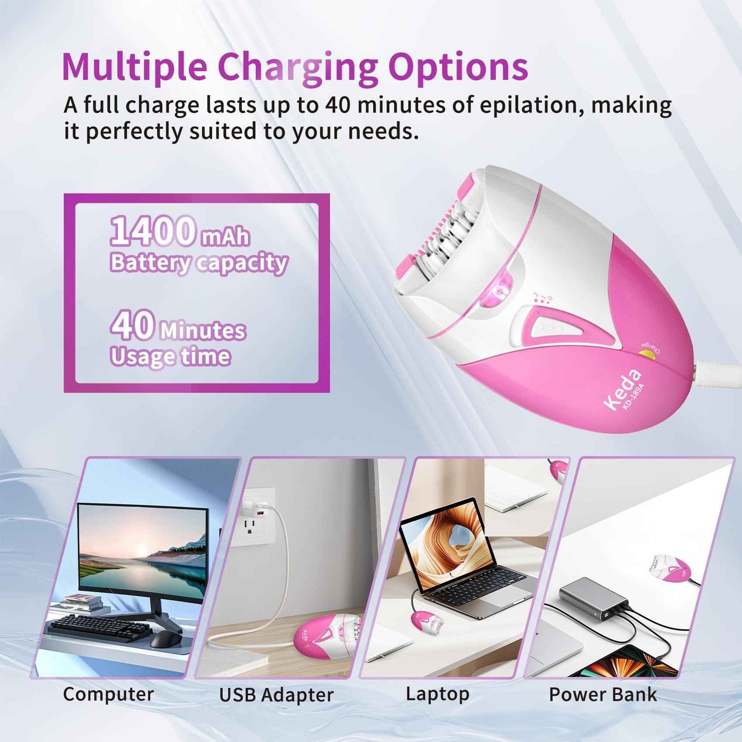 Epilator for Women, Smooth Glide Facial Hair Remover with 2 Speed & LED Light, Rechargeable Cordless Electric Epilator for Face, Bikini, Underarms, Arms, and Legs, Painless & Portable