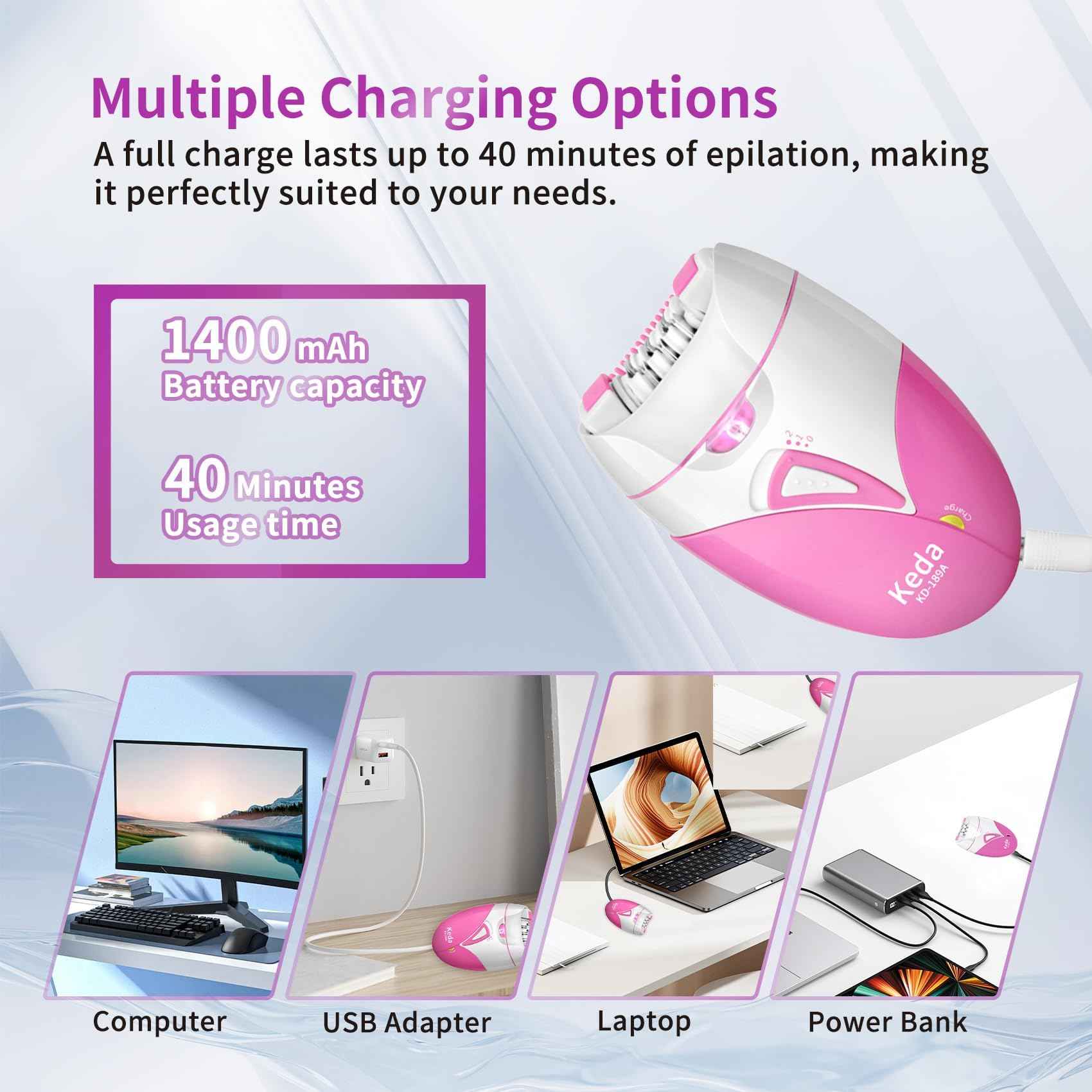 Epilator for Women, Smooth Glide Facial Hair Remover with 2 Speed & LED Light, Rechargeable Cordless Electric Epilator for Face, Bikini, Underarms, Arms, and Legs, Painless & Portable