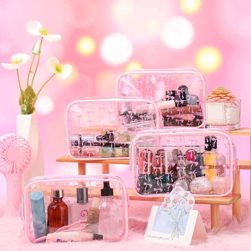 12 Pcs Pink Bow Cosmetic Bags - Clear PVC Makeup Pouches for Travel | Perfect Gift for Women