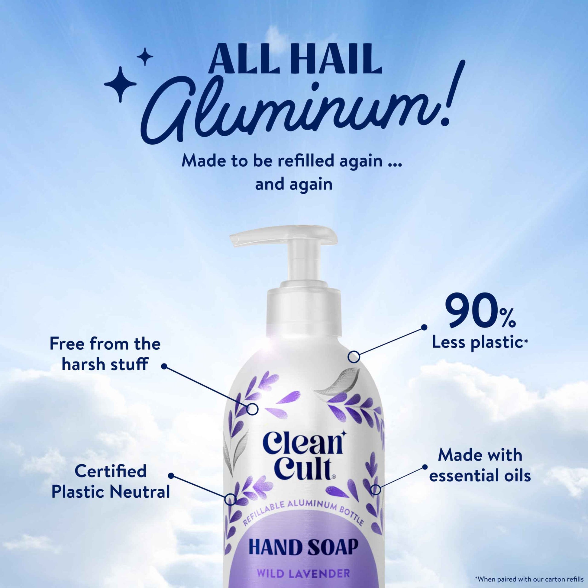 Cleancult - Wild Lavender - Moisturizing Liquid Hand Soap - Refillable Aluminum Bottle - Made with Aloe Vera & Lavender Essential Oil - Nourishes & Moisturizes Dry & Sensitive Skin - 12 oz - 3 Pack