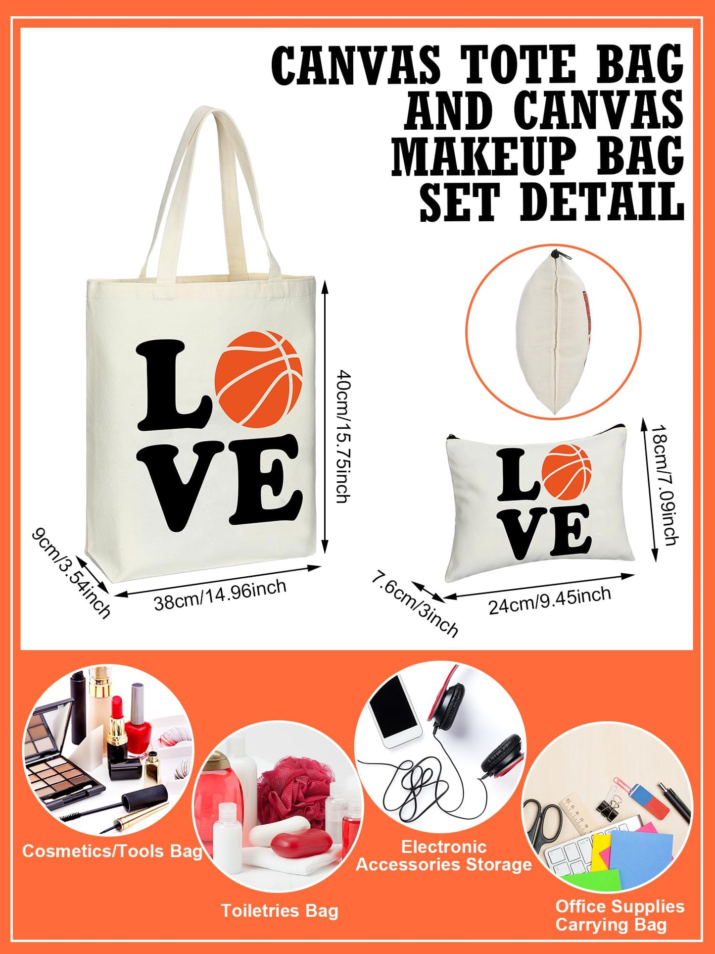 Huhumy 18 Pcs Volleyball Basketball Gifts for Women Cosmetic Bag Canvas Tote Bags Set for Teen Makeup Travel Players Teams(Basketball)