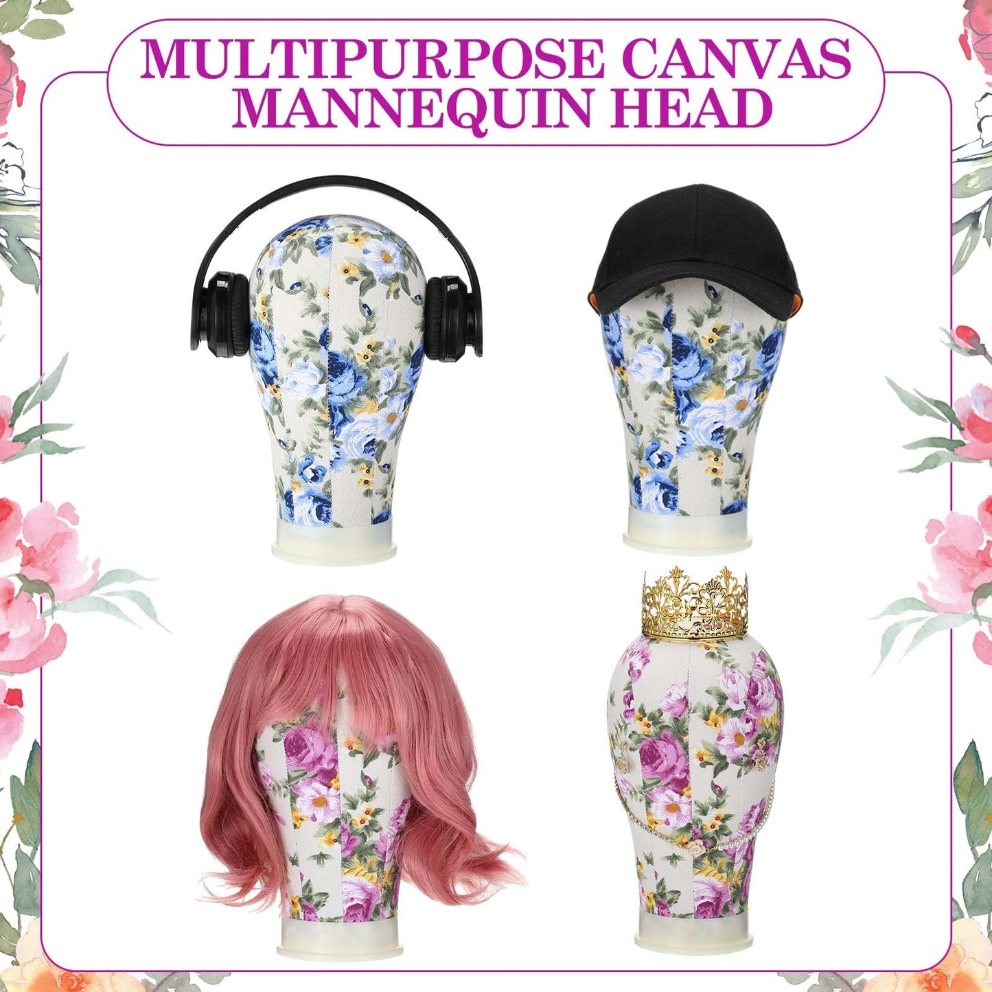 DoubleFill 2-Piece Mannequin Heads for Wigs - 22 Inch Canvas Wig Heads with Mount Hole Pins & 2 C Clamp Stand Holder for Lace Wig Making & Display (Floral)