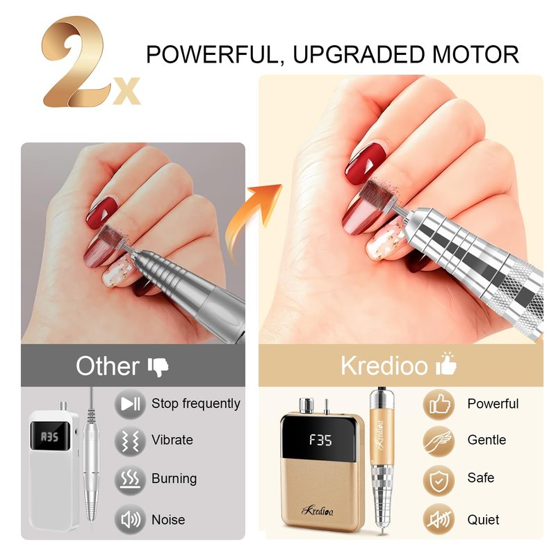 Kredioo Portable Nail Drill 35000 RPM, Rechargeable Electric Nail File E File Kit with Storage Bag Professional Manicure Kit for Nail Lovers Salon Home DIY-Pink