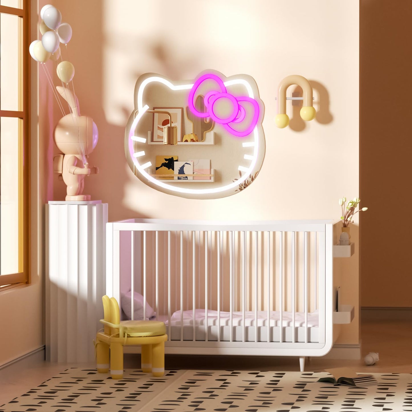 MCJSGSP Anime Hello Kit Cat Neon Sign Mirror L16.1 W14 Vanity Mirror with Lights Bedroom Wall Mirror for Pink Room Decor and a Makeup Mirror with Lights Teen Girl Gifts