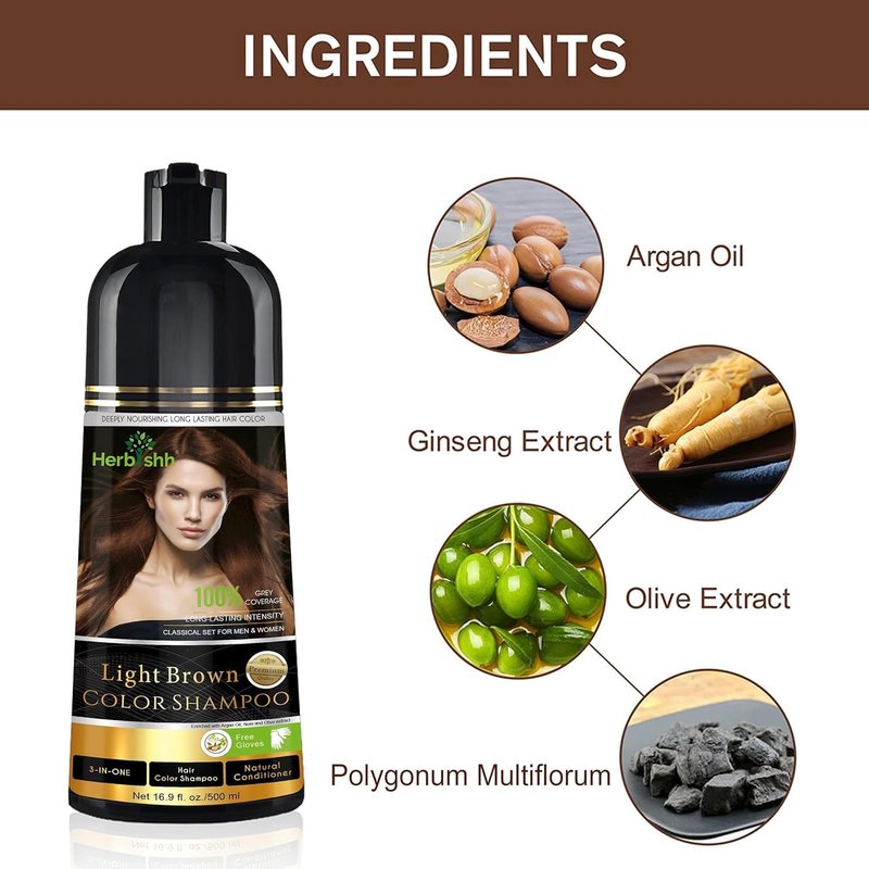 Herbishh Color Shampoo for Gray Hair Coverage (Light Brown) –Hair Dye 3-in-1 Shampoo- Colors in Minutes – Lasts Up To 2-3 Weeks – 500 mL – Ideal for Men & Women