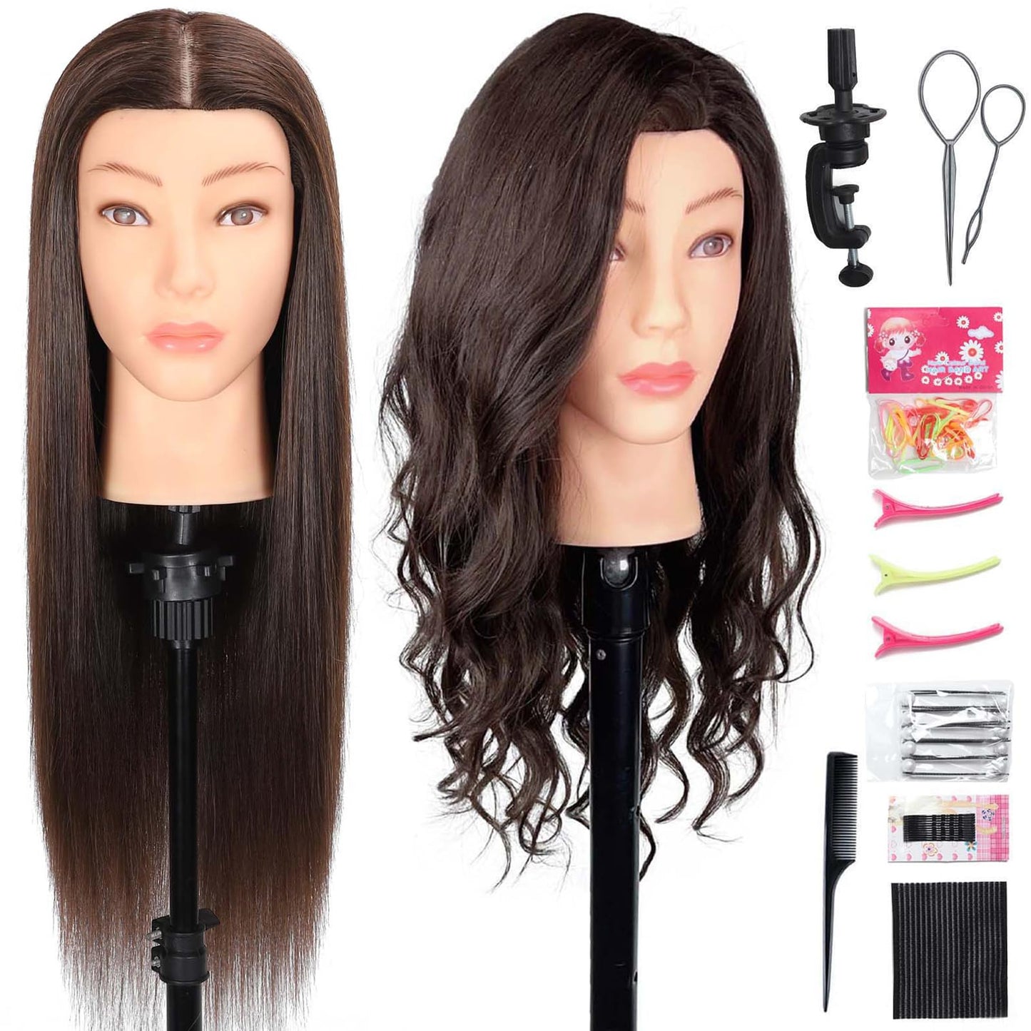 MQHIHI Mannequin Head Human Hair, 80% Real Hair Cosmetology Manikin Head for Practice Braiding Hairstyling Cutting with Free Clamp Holder and Tools (Dark Brown)